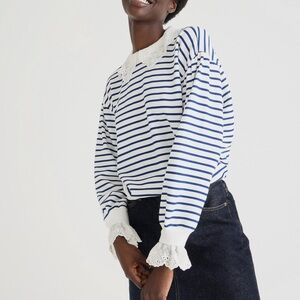 J.Crew French Terry Striped Sweatshirt with Lace Trim M